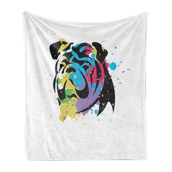 English Bulldog Soft Flannel Fleece Blanket, Bulldog Portrait with Rainbow Style Color Splashes Simplistic Animal Design, Cozy Plush for Indoor and Outdoor Use, 60" x 80", Multicolor, by Ambesonne