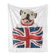 thumbnail image 1 of English Bulldog Soft Flannel Fleece Throw Blanket, Happy Pet Bulldog Holding a Union Jack Flag of the Britain, Cozy Plush for Indoor and Outdoor Use, 50" x 60", Cream Navy Blue Red, by Ambesonne, 1 of 5