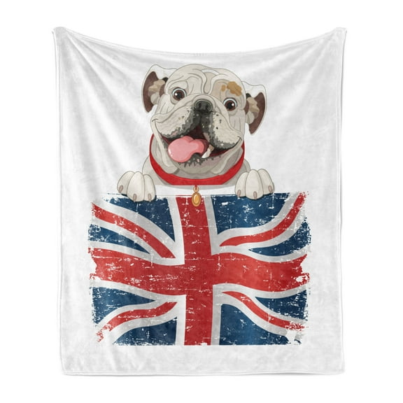 English Bulldog Soft Flannel Fleece Throw Blanket, Happy Pet Bulldog Holding a Union Jack Flag of the Britain, Cozy Plush for Indoor and Outdoor Use, 70" x 90", Cream Navy Blue Red, by Ambesonne