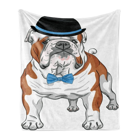 English Bulldog Soft Flannel Fleece Throw Blanket, Pure Breed Hipster Dog with Vintage Hat and Bow Tie Sketch Animal, Cozy Plush for Indoor and Outdoor Use, 50" x 70", Brown Black Blue, by Ambesonne