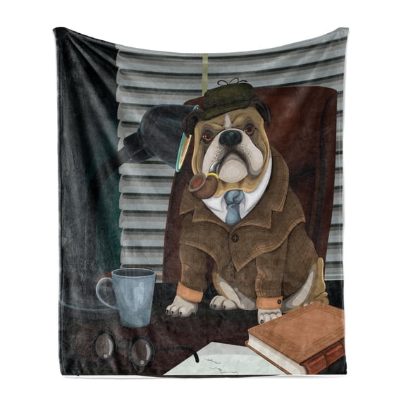 English Bulldog Soft Flannel Fleece Throw Blanket, Traditional Detective Dog and Hat Sherlock Holmes Image, Cozy Plush for Indoor and Outdoor Use, 50" x 60", Multicolor, by Ambesonne