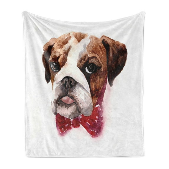 English Bulldog Soft Flannel Fleece Throw Blanket, Watercolor Dog Portrait with a Bow Tie Design Brush Stroke Effect, Cozy Plush for Indoor and Outdoor Use, 50" x 70", Brown Ruby Black, by Ambesonne
