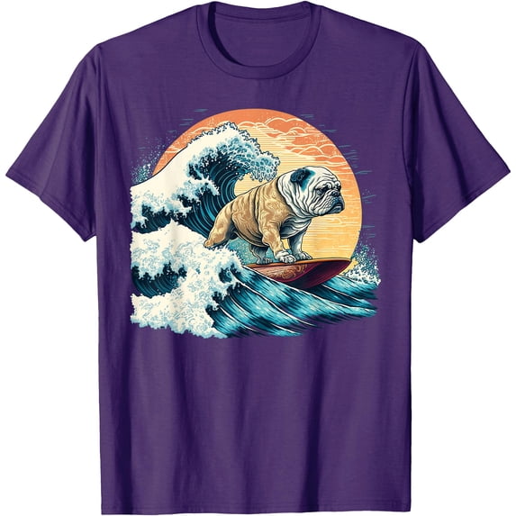English Bulldog Surfing On the Great Wave of Kanagawa Softstyle Unisex T-Shirt,Purple Color,Size YL
