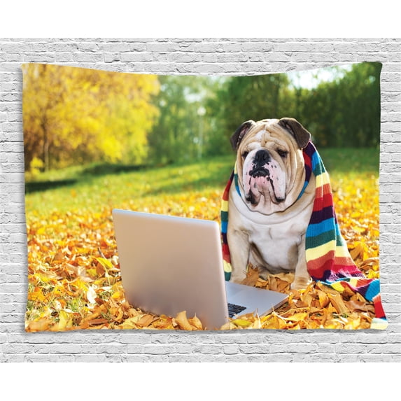 English Bulldog Tapestry, Dog in the Park with a Laptop and Rainbow Colored Scarf Funny Photography, Wall Hanging for Bedroom Living Room Dorm Decor, 80W X 60L Inches, Multicolor, by Ambesonne