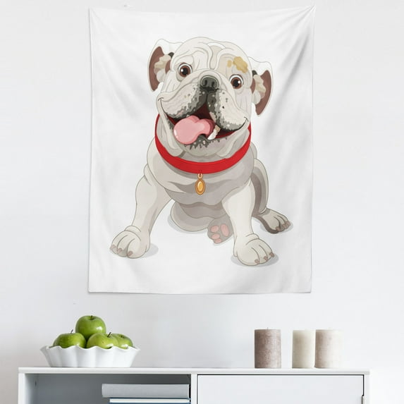 English Bulldog Tapestry, Happy Puppy with a Red Collar Domestic Pure Breed Animal Illustration, Fabric Wall Hanging Decor for Bedroom Living Room Dorm, 5 Sizes, Cream Red Pink, by Ambesonne