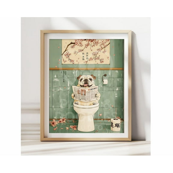 English Bulldog On Toilet Poster Zen Wall Art Funny Japanese Dog Print Japandi Bathroom Decor Pooping Bulldog Art Quirky Pet Lover Gift Wall Art, Modern Wall Decor, 24x36 UNFRAMED