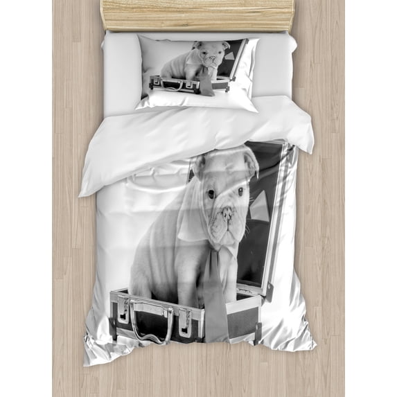 English Bulldog Twin Size Duvet Cover Set, Tie Wearing Puppy Sitting inside a Briefcase Greyscale Illustration, Decorative 2 Piece Bedding Set with 1 Pillow Sham, Grey Pale Grey, by Ambesonne