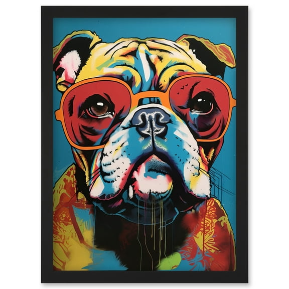 English Bulldog Wearing Sunglasses Modern Pop Art Artwork Framed Wall Art Print A4
