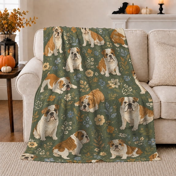 English Bulldog Wildflower, Peaceful Pet Portrait Pattern, Warm Flannel Blanket for Living Room and Reading Nook, Dog Lovers Friendship Gift, Pet Lover Home Decor