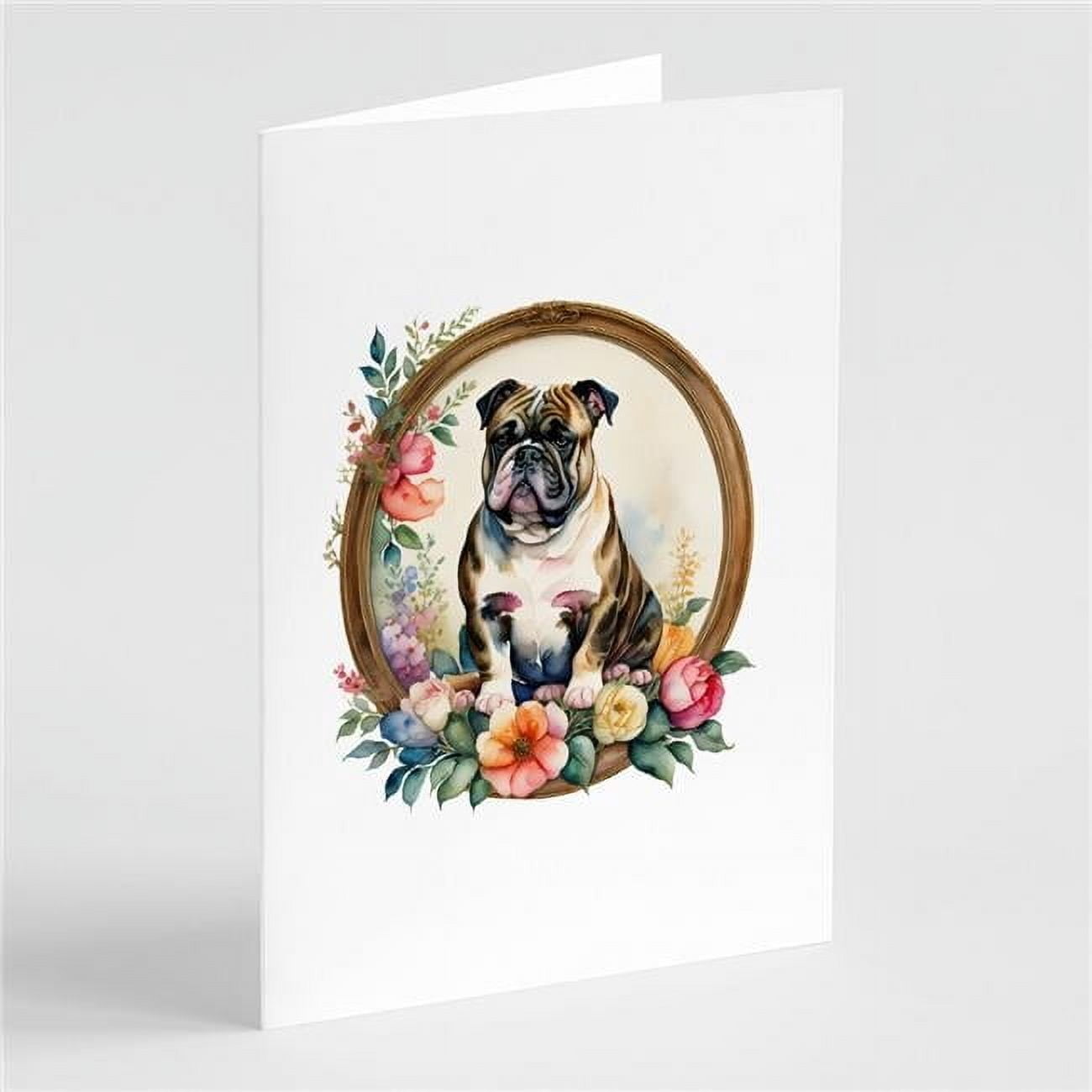 English Bulldog and Flowers Greeting Cards and Envelopes Pack of 8 7 in x 5 in
