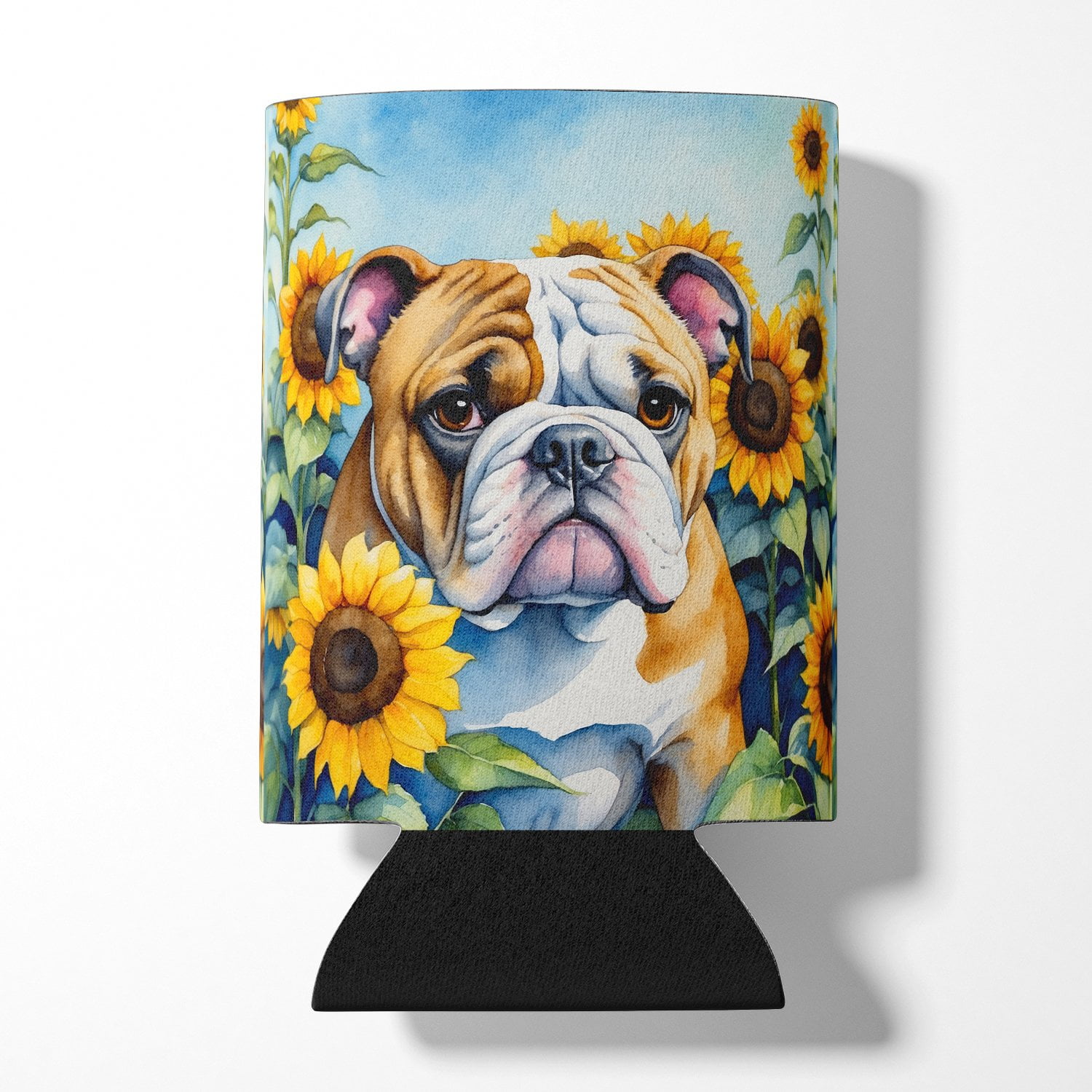 English Bulldog in Sunflowers Can or Bottle Hugger 3 in x 5 in