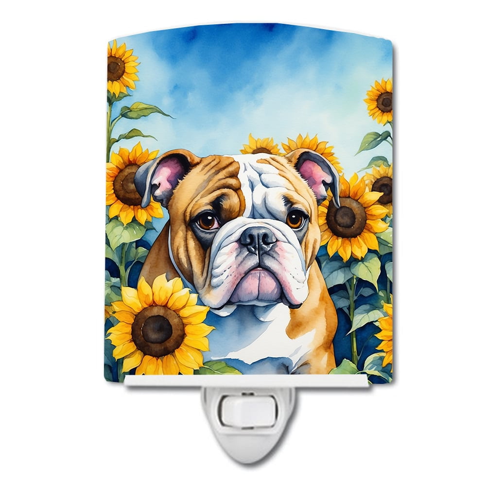 English Bulldog in Sunflowers Ceramic Night Light 4 in x 6 in
