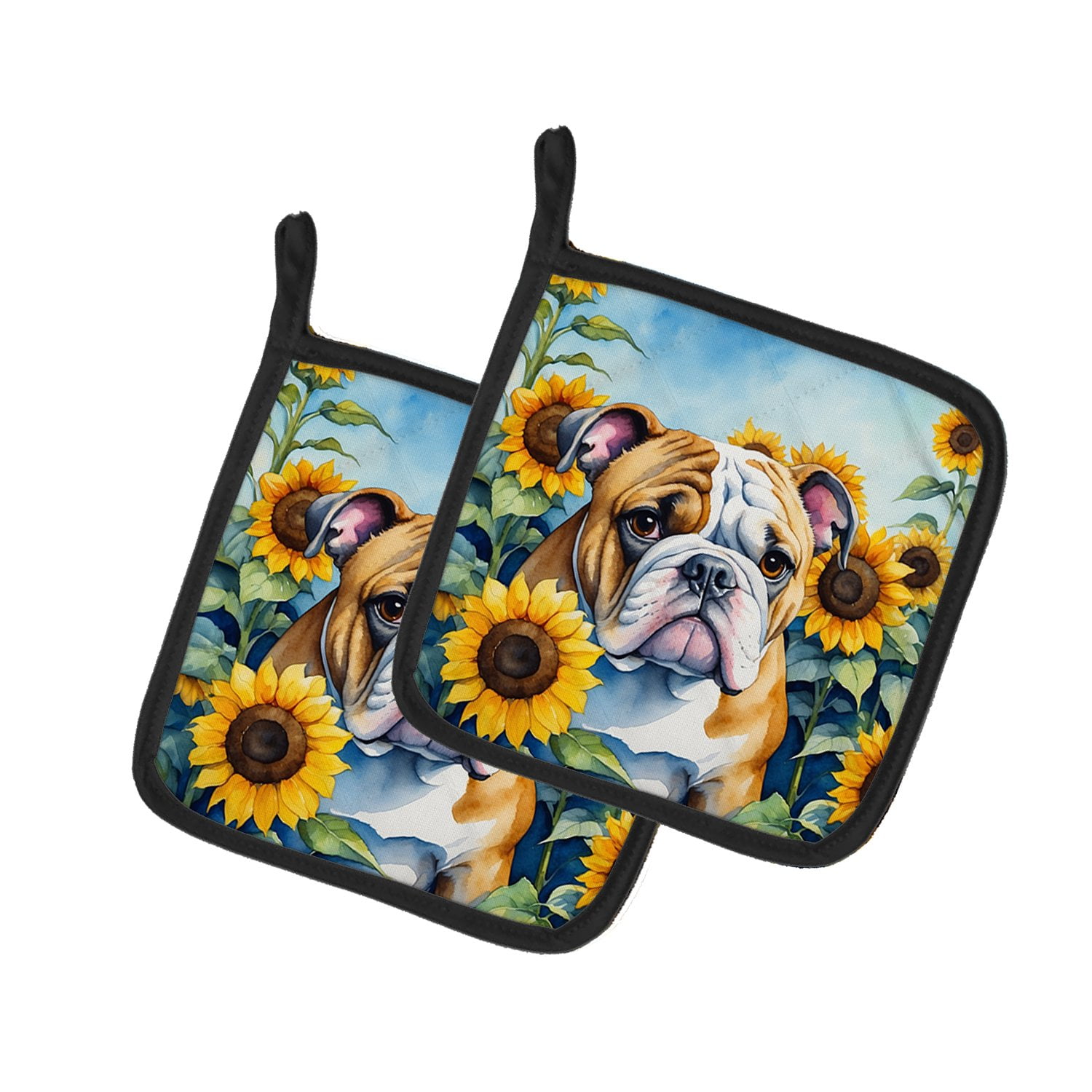 English Bulldog in Sunflowers Pair of Pot Holders