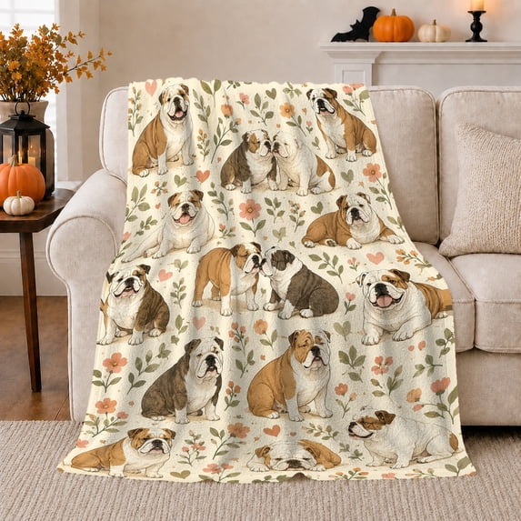 English Bulldogs Autumn Leaves Pumpkins, Playful Pet Portrait Pattern, Warm Flannel Blanket for Living Room and Bedroom, Dog Lovers Thanksgiving Gift, Pet Lover Home Decor