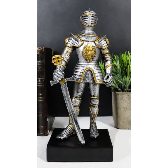 English Chivalrous Lion Coat Of Arms Knight With Sword Standing Guard Figurine