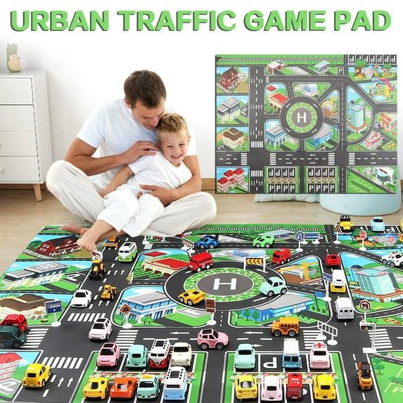 English City Traffic Play Mat, 51.2*39.4in/130x100cm Car Model Parking Lot Game Rug, Non-Slip Soft Play Mat, Toy Vehicle Activity Mat for Home Playroom, Multicolor