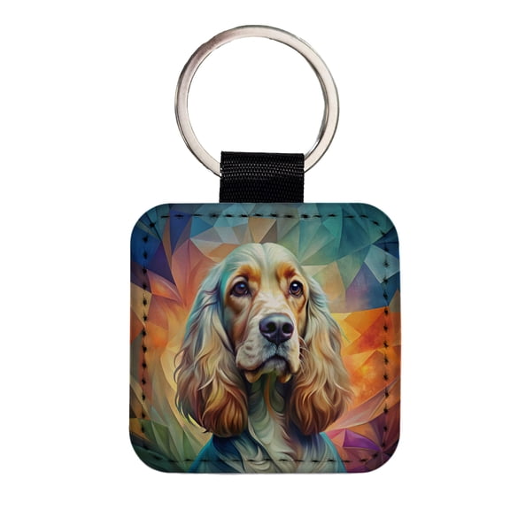 English Cocker Spaniel Dog Abstract Art Faux Leather Square Keychain