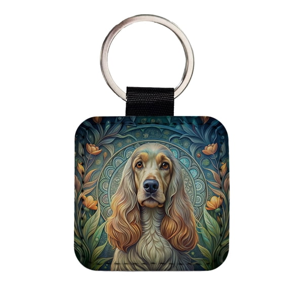 English Cocker Spaniel Dog Art Nouveau Faux Leather Square Keychain
