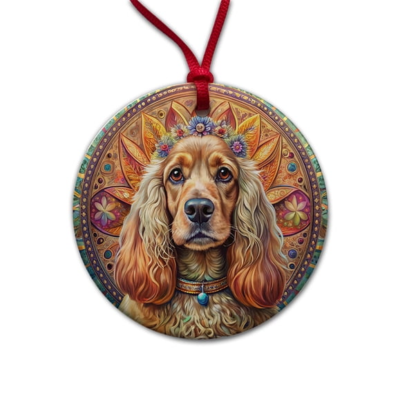 English Cocker Spaniel Dog Bohemian Art Christmas Tree Holiday Round Ceramic Ornament