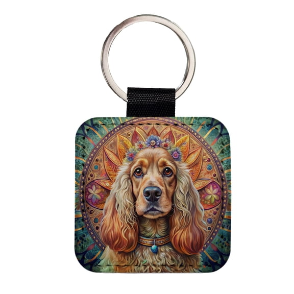 English Cocker Spaniel Dog Bohemian Art Faux Leather Square Keychain