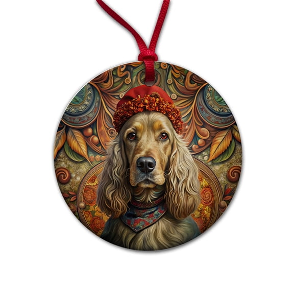 English Cocker Spaniel Dog French Bohemian Art Christmas Tree Holiday Round Ceramic Ornament