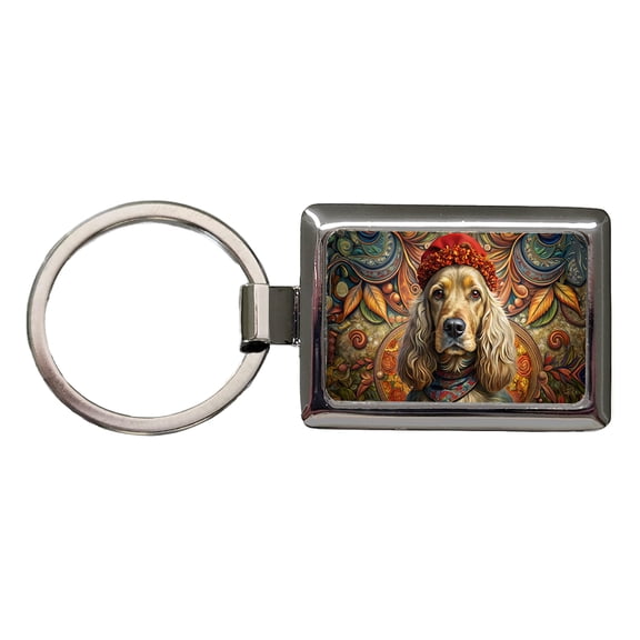 English Cocker Spaniel Dog French Bohemian Art Metal Rectangle Keychain