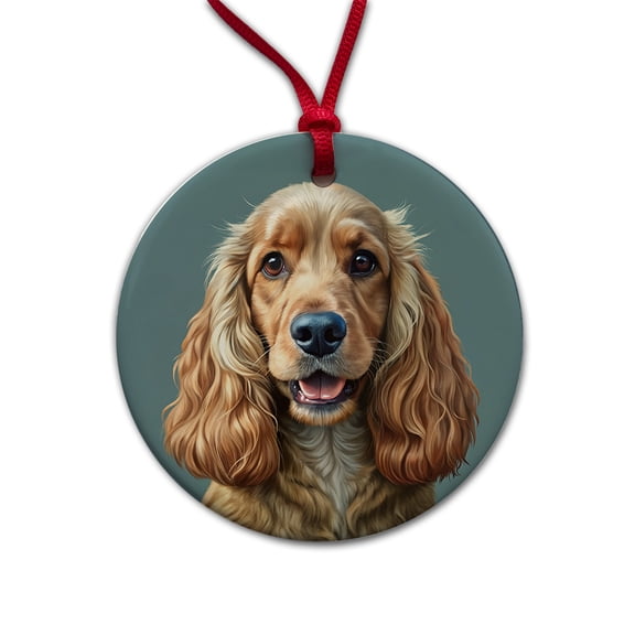 English Cocker Spaniel Dog Illustration Christmas Tree Holiday Round Ceramic Ornament
