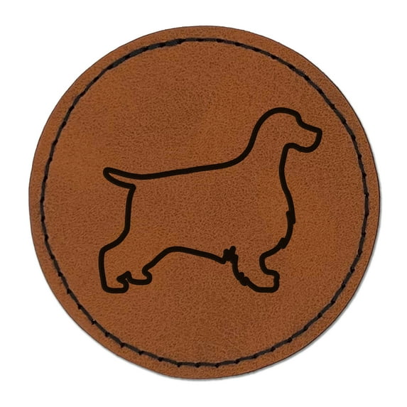 English Cocker Spaniel Dog Outline 2.5" Faux Leather Round Engraved Iron-On Patch - Brown