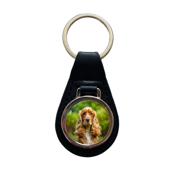 English Cocker Spaniel Dog Photo Metal Black Leather Keychain