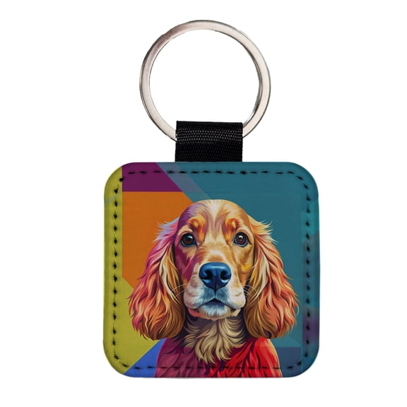 English Cocker Spaniel Dog Pop Art Faux Leather Square Keychain