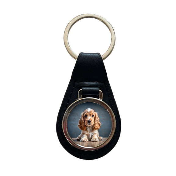 English Cocker Spaniel Dog Puppy Photo Metal Black Leather Keychain