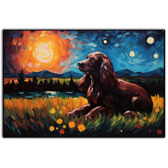 English Cocker Spaniel Dog Watercolor Starry Night Van Gogh Painting Kits, Painting Watercolor Canvas, Canvas Suitable for Room Decor Cafe Decor Or Gift for Friends