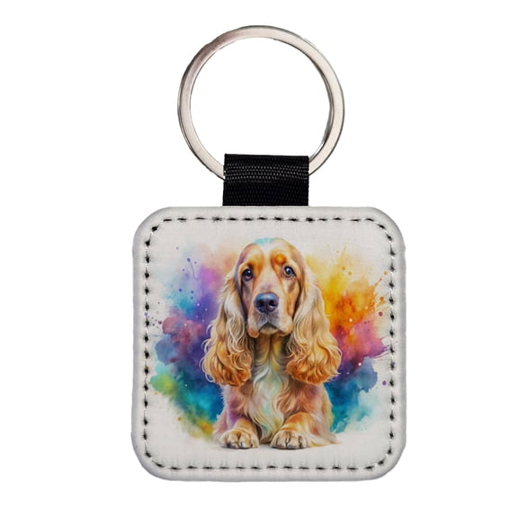English Cocker Spaniel Dog Watercolor Style Faux Leather Square Keychain