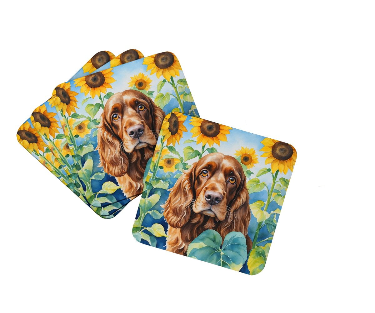 English Cocker Spaniel in Sunflowers Foam Coasters 3.5 in x 3.5 in