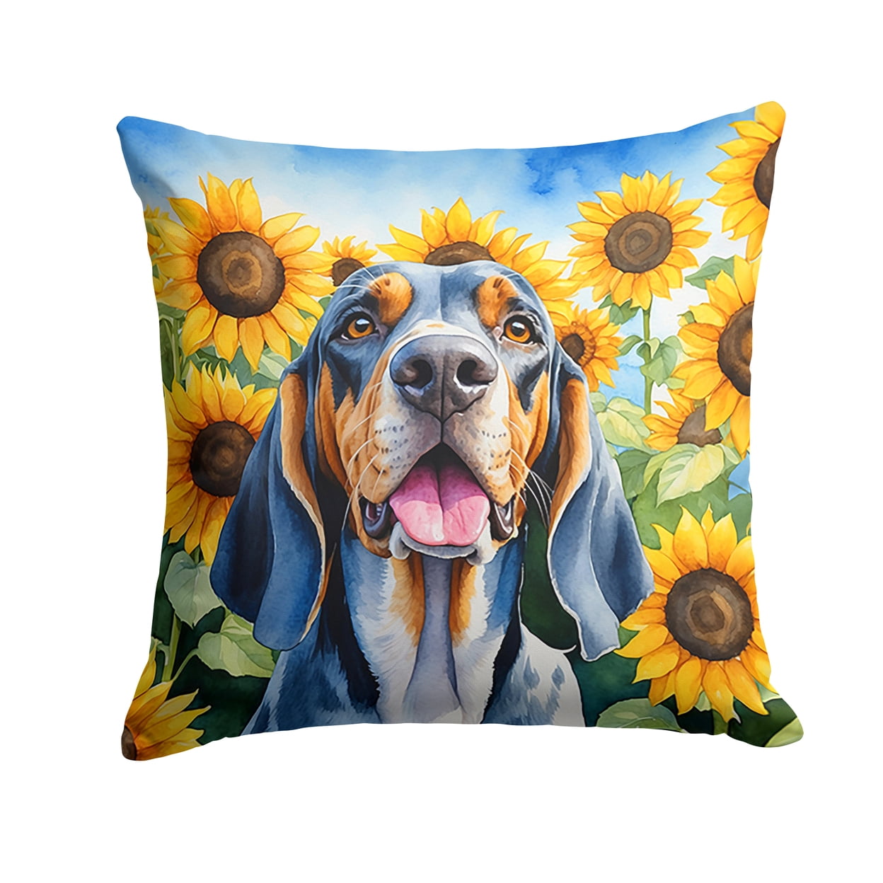 English Coonhound in Sunflowers Throw Pillow 18 in x 18 in