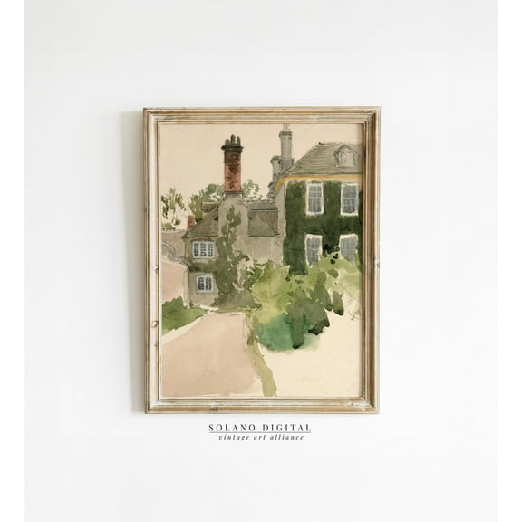 English Cottage Art Print Vintage House Painting Farmhouse Wall Decor Rustic Landscape Art Wall Art Rustic Charm Wall Art, Modern Wall Decor, 8x12 UNFRAMED