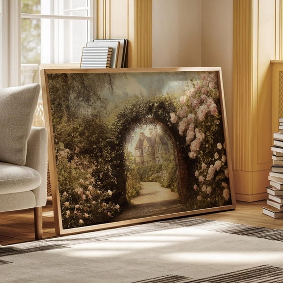 English Cottage Garden Print – Romantic Rose Archway And Stone Manor Wall Art Modern Wall Decor