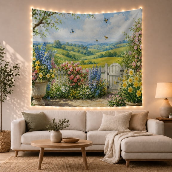 English Cottage Garden With Stone Path And Blooms, Romantic Watercolor for Garden Lovers, Floral Art Print, Housewarming Gift, Tapestry Wall Hanging for Living Room and Bedroom