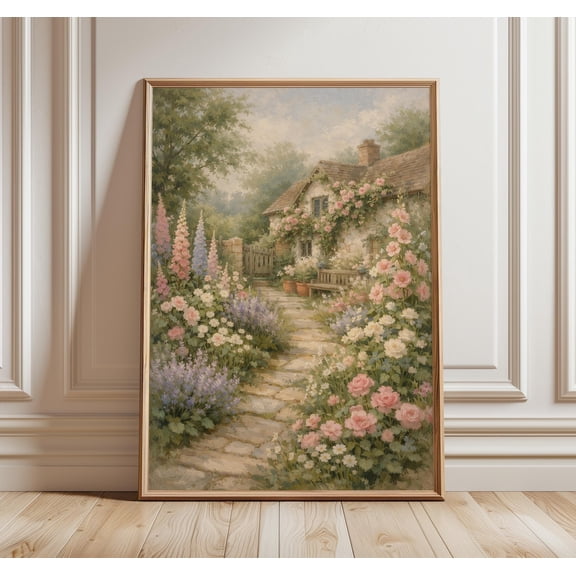 English Cottage Garden Wall Art Print, Floral Pathway Cottagecore Decor, Unframed Paper Poster 8x10in