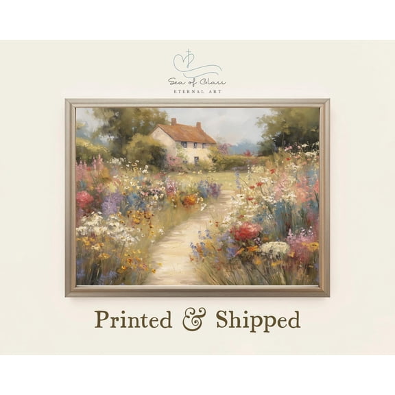 English Cottage Garden Wildflower Pathway Rustic Farmhouse Wall Art, Unframed Canvas 12x16in