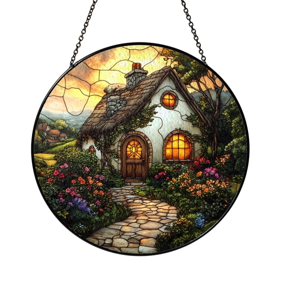 English Cottage Scene Stained Glass Style Window Art Hanging, Warm Country Home Decoration