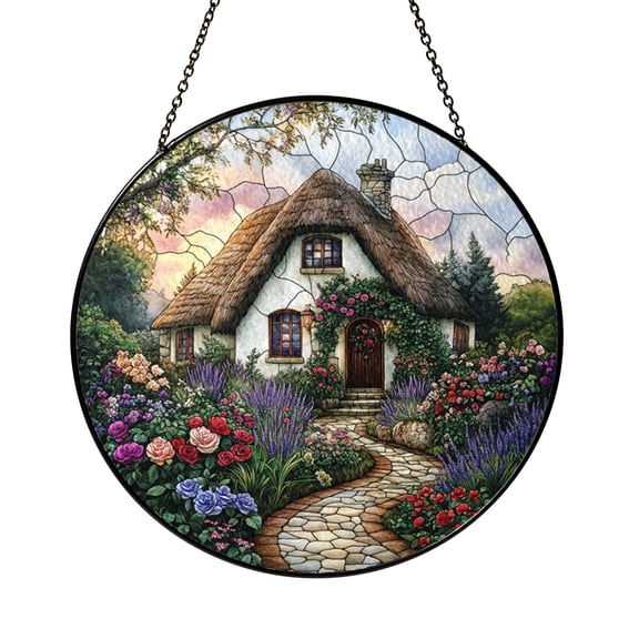 English Cottage Stained Glass Window Panel, Country Home Decor Ornament
