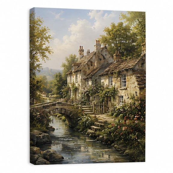 English Cottage Stone Bridge River Stream Country Wall Art, Living Room And Gallery Wall Decor
