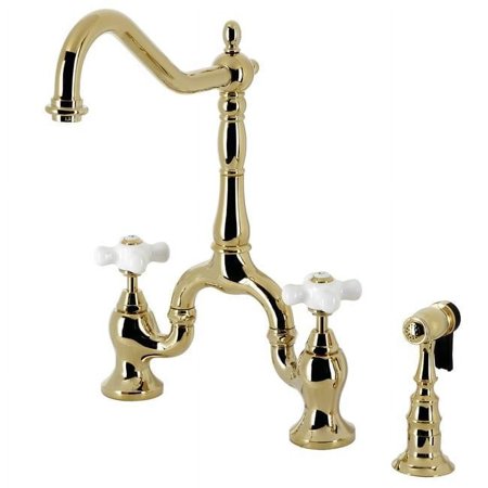 English Country Bridge Kitchen Faucet with Brass Sprayer, Polished Brass