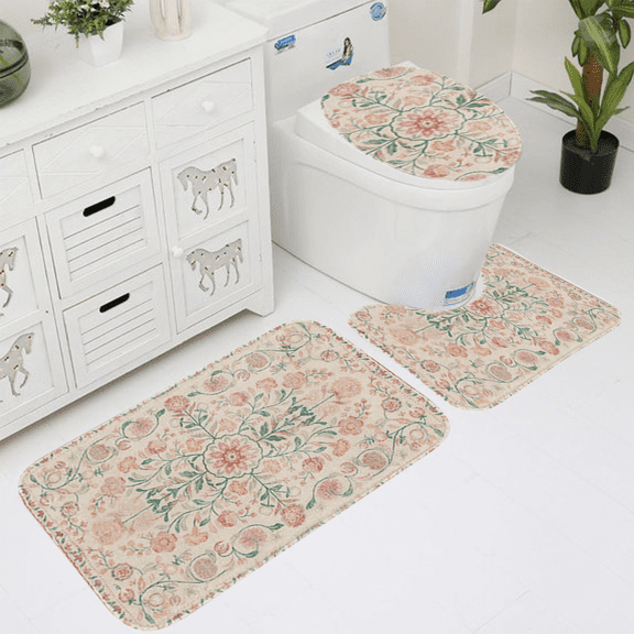 English Country Floral 3-Piece Bath Rug Set, Non-Slip Polyester Bathroom Mats, Plush Absorbent Washable Rugs with Toilet Lid Cover & U-Shaped Mat for Rustic English Cottage Bathroom Decor