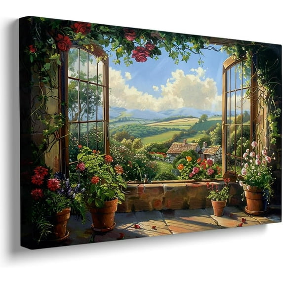 English Country Garden Landscape Cottage window Landscape Painting Country and garden flower images Nature scene Home decoration Window Room Wall Art 12x16 poster frame wall art
