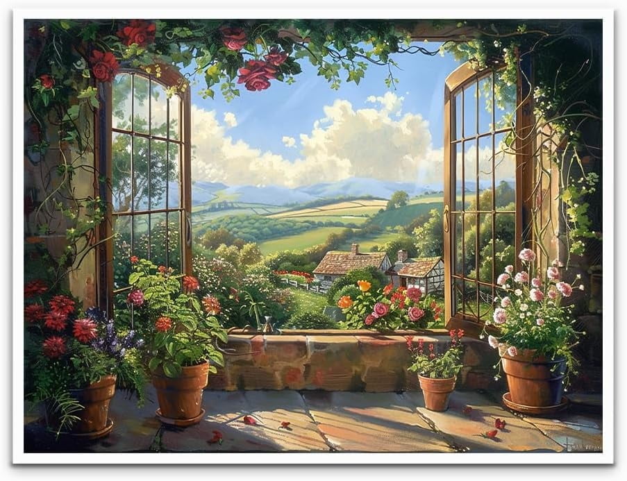 English Country Garden Landscape Cottage window Landscape Painting
