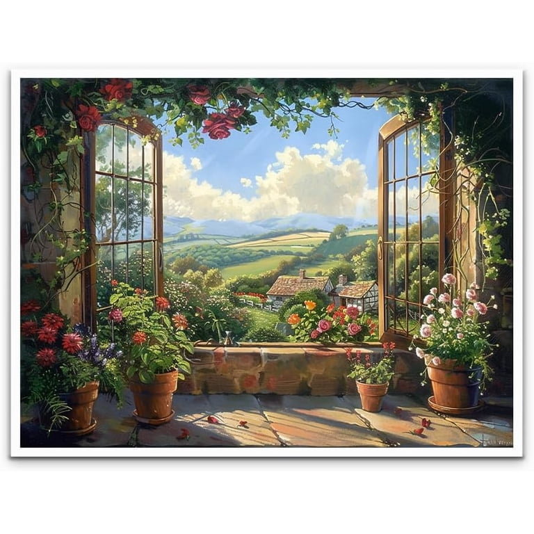 English Country Garden Landscape Cottage window Landscape Painting