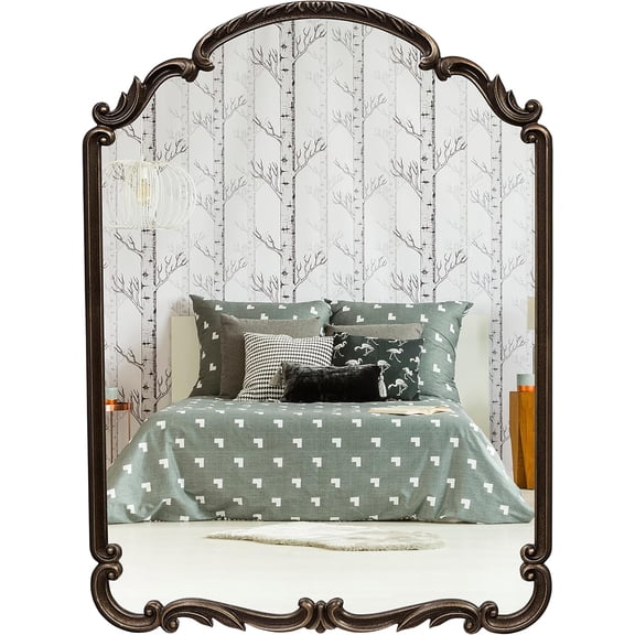 English Estate Carved Arch Wood Wall Mirror, Mirror for Entryway, Living Room, Bathroom, Antique Black, 22x30