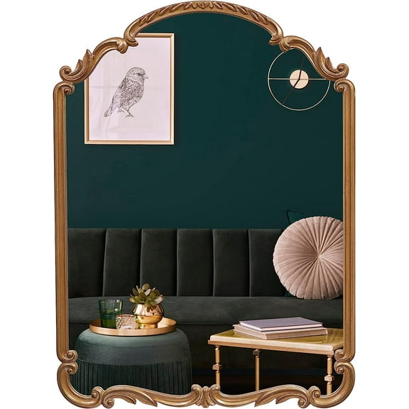 English Estate Carved Arch Wood Wall Mirror, Mirror for Entryway, Living Room, Bathroom, Antique Gold, 22x30